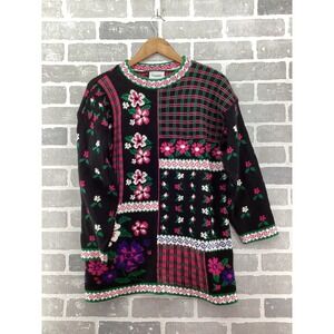 Vintage Sycamore Floral Plaid Patchwork Knit Sweater Made in USA Black Pink L